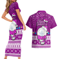 Palau Christmas Couples Matching Short Sleeve Bodycon Dress and Hawaiian Shirt Snowman Hugs Palau Coat of Arms Maori Pattern Pink Style LT03 - Polynesian Pride