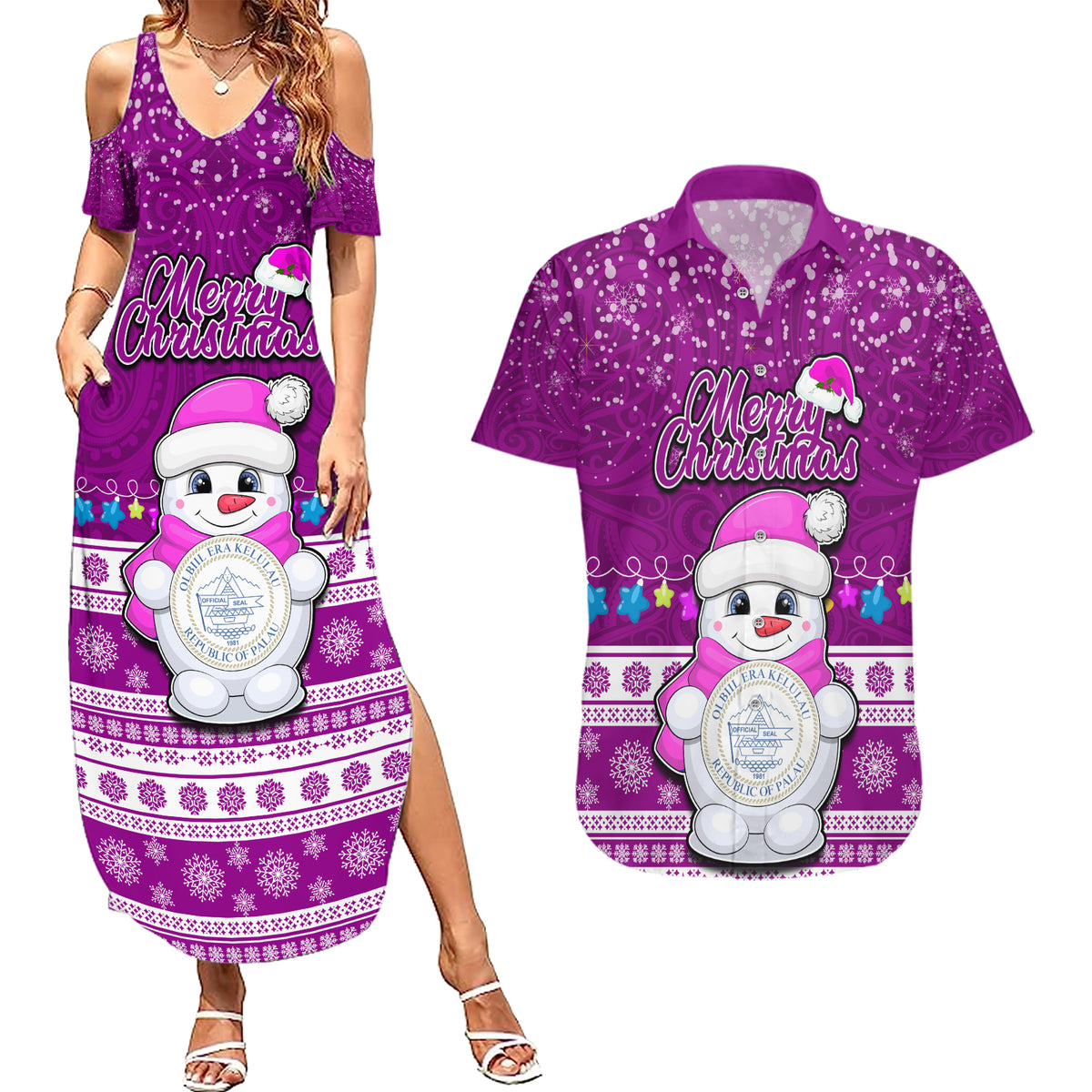 Palau Christmas Couples Matching Summer Maxi Dress and Hawaiian Shirt Snowman Hugs Palau Coat of Arms Maori Pattern Pink Style LT03 Pink - Polynesian Pride