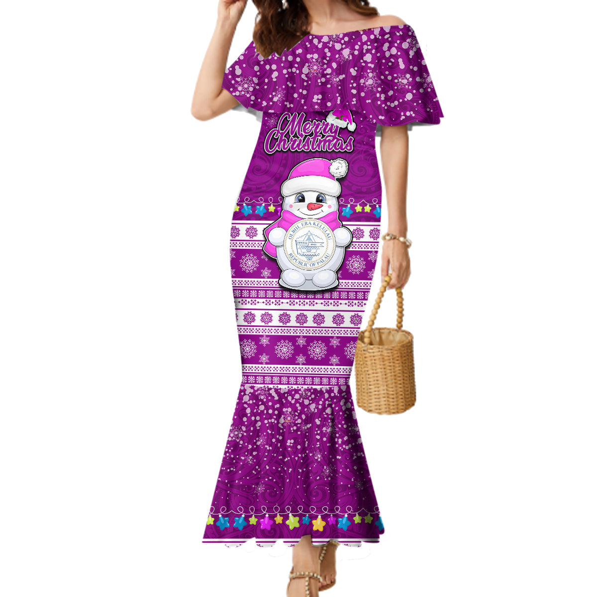 Palau Christmas Family Matching Mermaid Dress and Hawaiian Shirt Snowman Hugs Palau Coat of Arms Maori Pattern Pink Style LT03 Mom's Dress Pink - Polynesian Pride