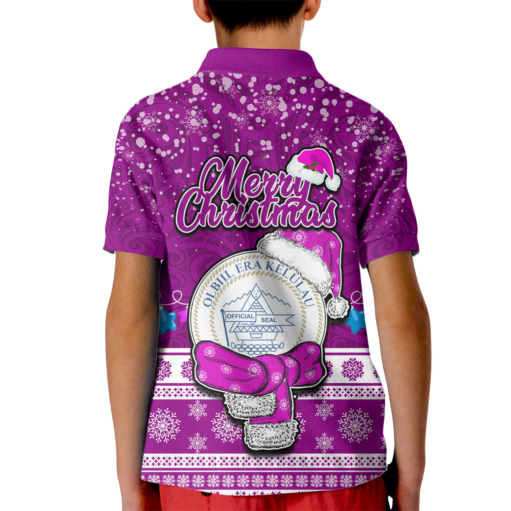 Palau Christmas Kid Polo Shirt Snowman Hugs Palau Coat of Arms Maori Pattern Pink Style LT03 - Polynesian Pride
