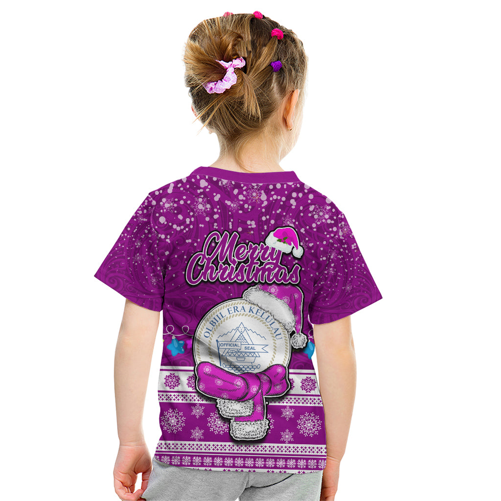 Palau Christmas Kid T Shirt Snowman Hugs Palau Coat of Arms Maori Pattern Pink Style LT03 - Polynesian Pride