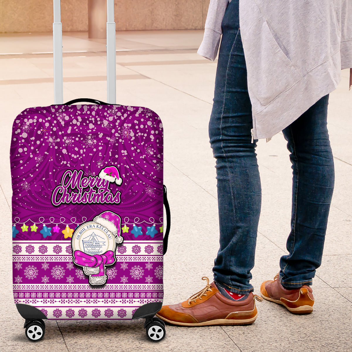 Palau Christmas Luggage Cover Snowman Hugs Palau Coat of Arms Maori Pattern Pink Style LT03 Pink - Polynesian Pride