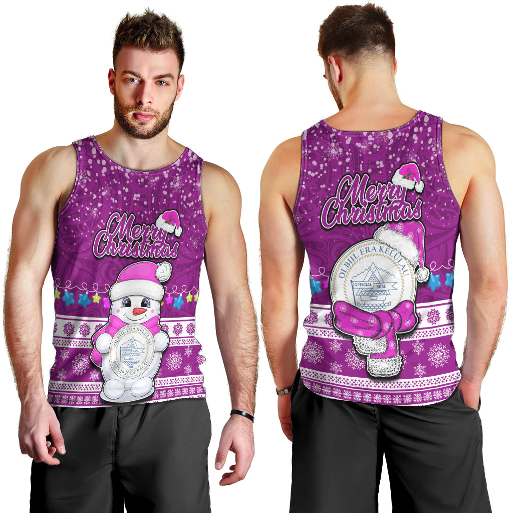 Palau Christmas Men Tank Top Snowman Hugs Palau Coat of Arms Maori Pattern Pink Style LT03 - Polynesian Pride