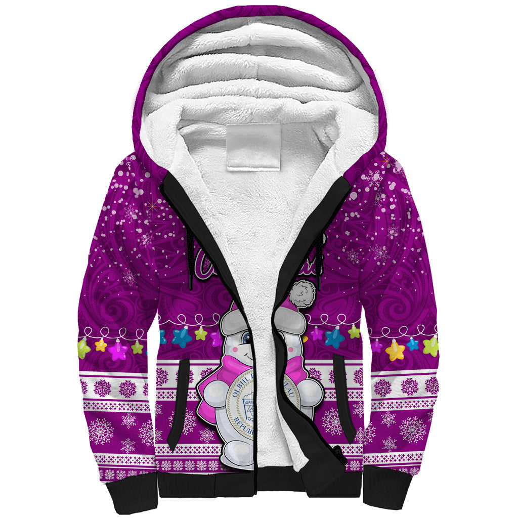 Palau Christmas Sherpa Hoodie Snowman Hugs Palau Coat of Arms Maori Pattern Pink Style LT03 Unisex Pink - Polynesian Pride