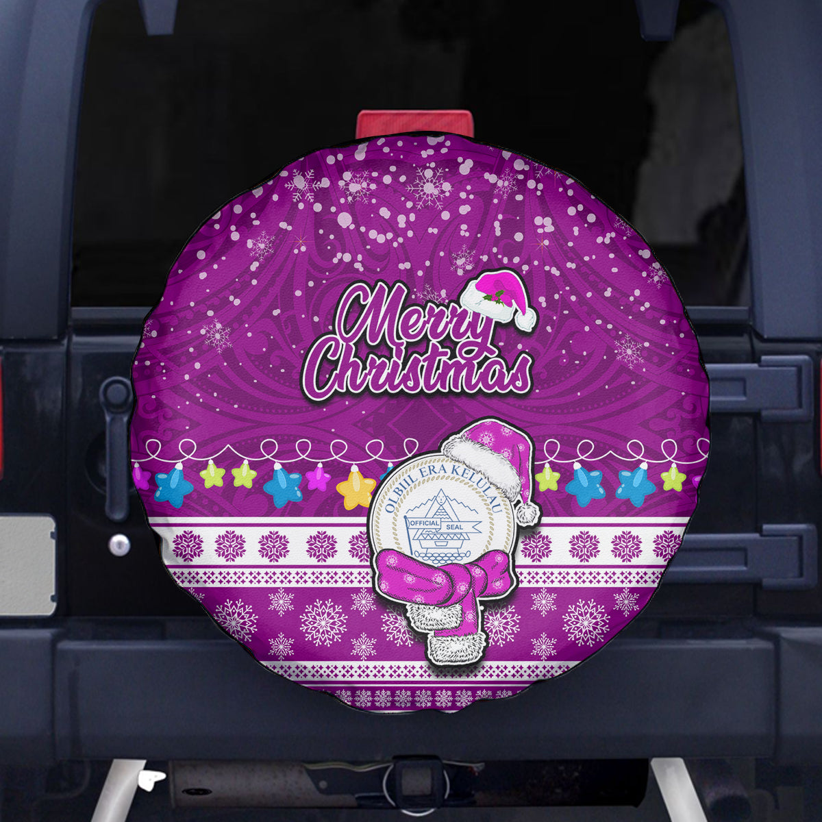 Palau Christmas Spare Tire Cover Snowman Hugs Palau Coat of Arms Maori Pattern Pink Style LT03 Pink - Polynesian Pride
