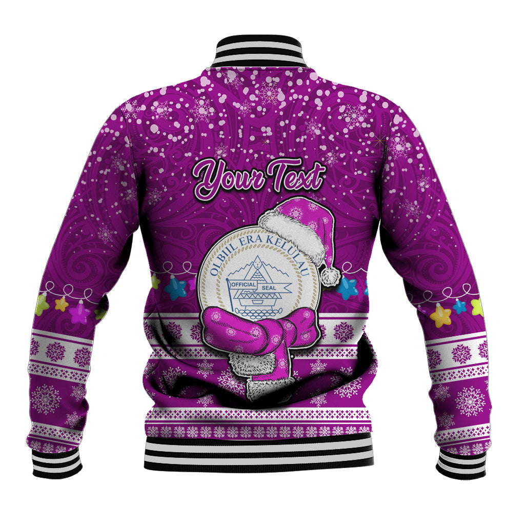 Personalised Palau Christmas Baseball Jacket Snowman Hugs Palau Coat of Arms Maori Pattern Pink Style LT03 - Polynesian Pride