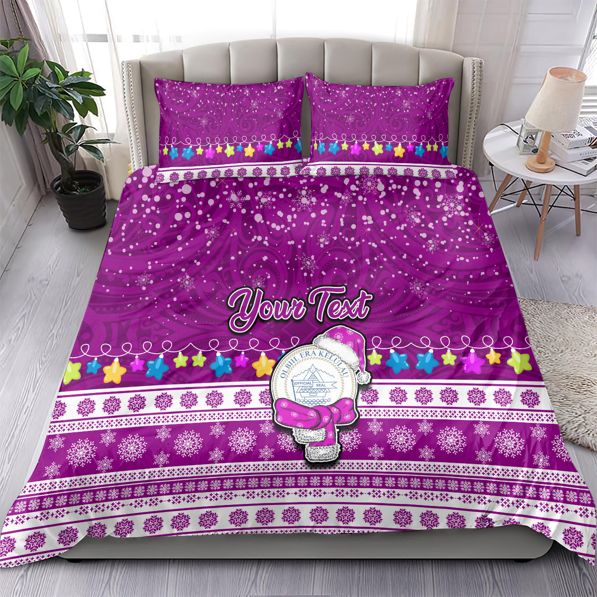 Personalised Palau Christmas Bedding Set Snowman Hugs Palau Coat of Arms Maori Pattern Pink Style LT03 - Polynesian Pride