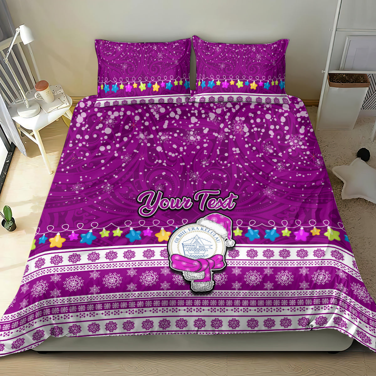 Personalised Palau Christmas Bedding Set Snowman Hugs Palau Coat of Arms Maori Pattern Pink Style LT03 - Polynesian Pride