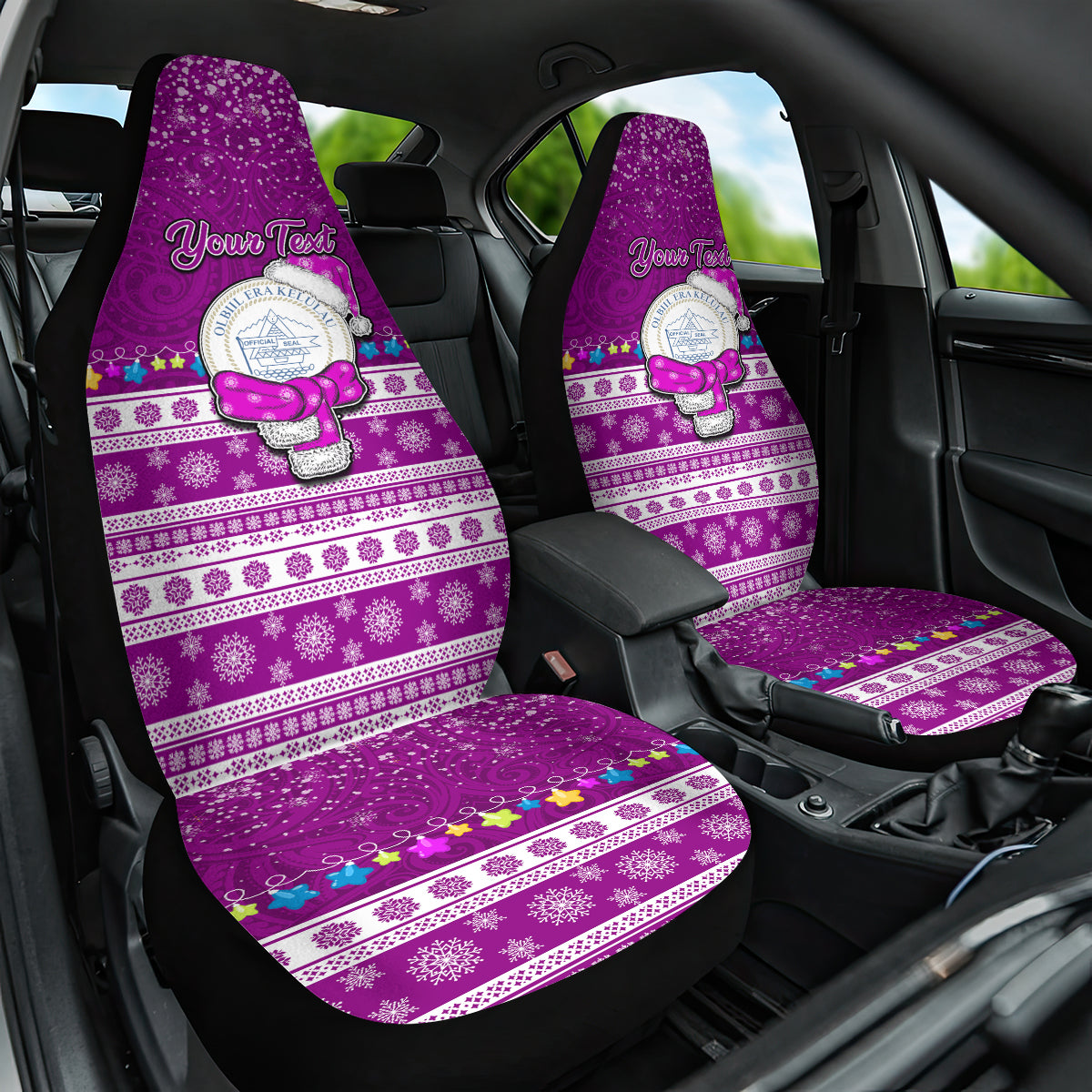 Personalised Palau Christmas Car Seat Cover Snowman Hugs Palau Coat of Arms Maori Pattern Pink Style LT03 One Size Pink - Polynesian Pride