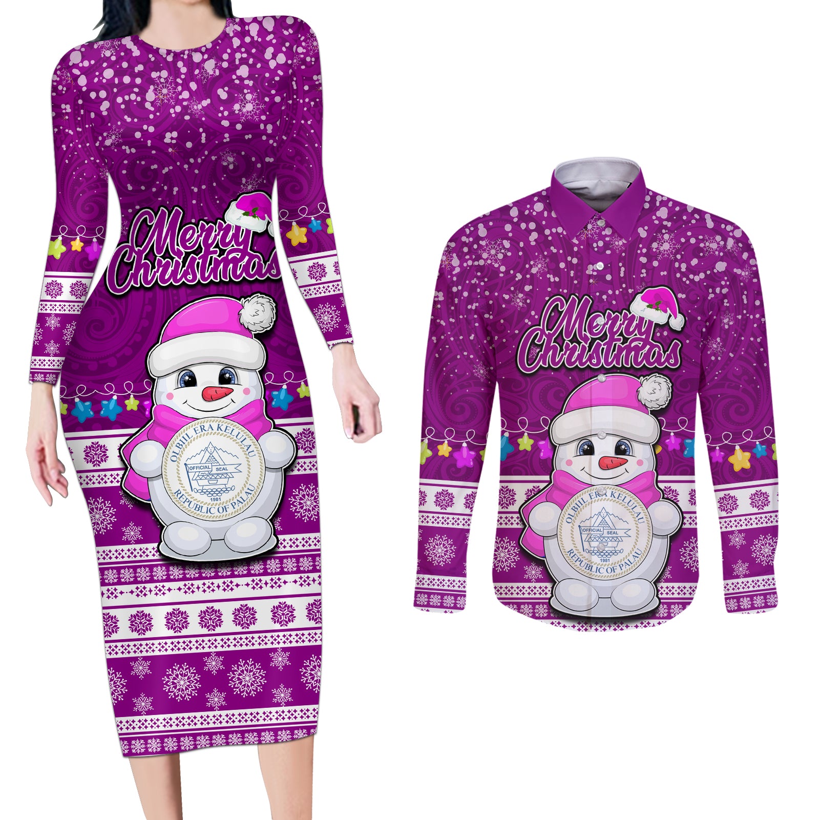 Personalised Palau Christmas Couples Matching Long Sleeve Bodycon Dress and Long Sleeve Button Shirt Snowman Hugs Palau Coat of Arms Maori Pattern Pink Style LT03 Pink - Polynesian Pride
