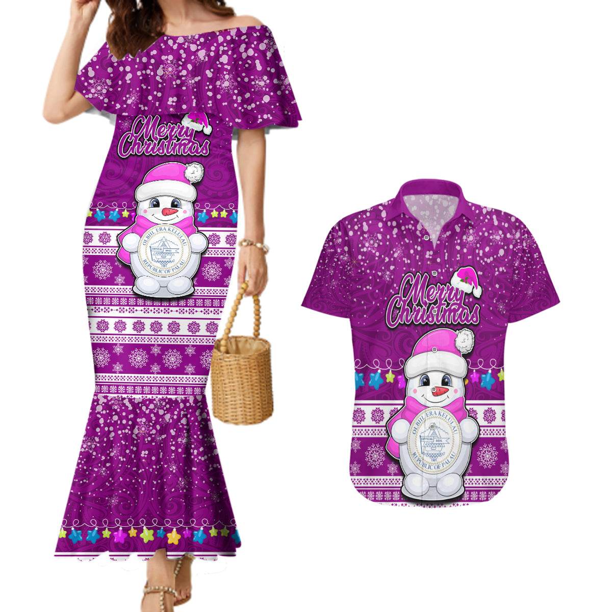 Personalised Palau Christmas Couples Matching Mermaid Dress and Hawaiian Shirt Snowman Hugs Palau Coat of Arms Maori Pattern Pink Style LT03 Pink - Polynesian Pride