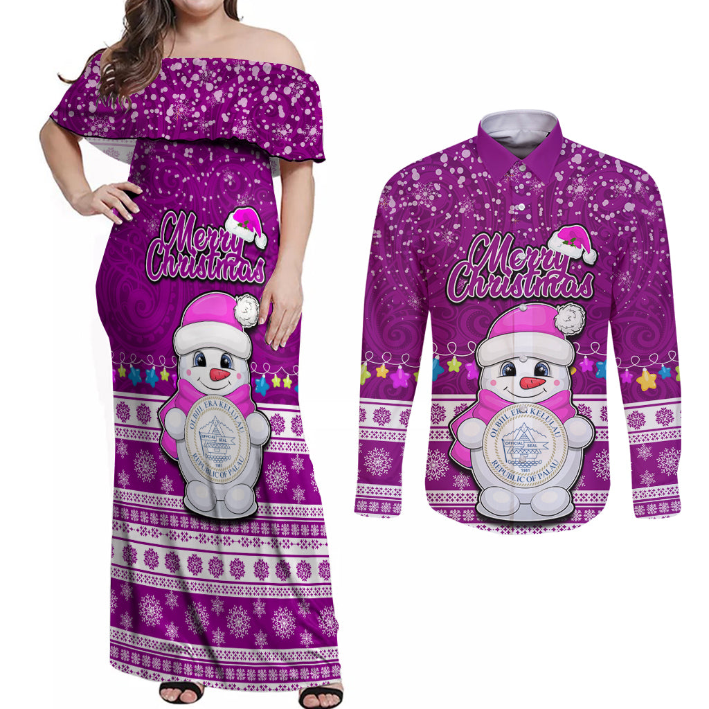 Personalised Palau Christmas Couples Matching Off Shoulder Maxi Dress and Long Sleeve Button Shirt Snowman Hugs Palau Coat of Arms Maori Pattern Pink Style LT03 Pink - Polynesian Pride