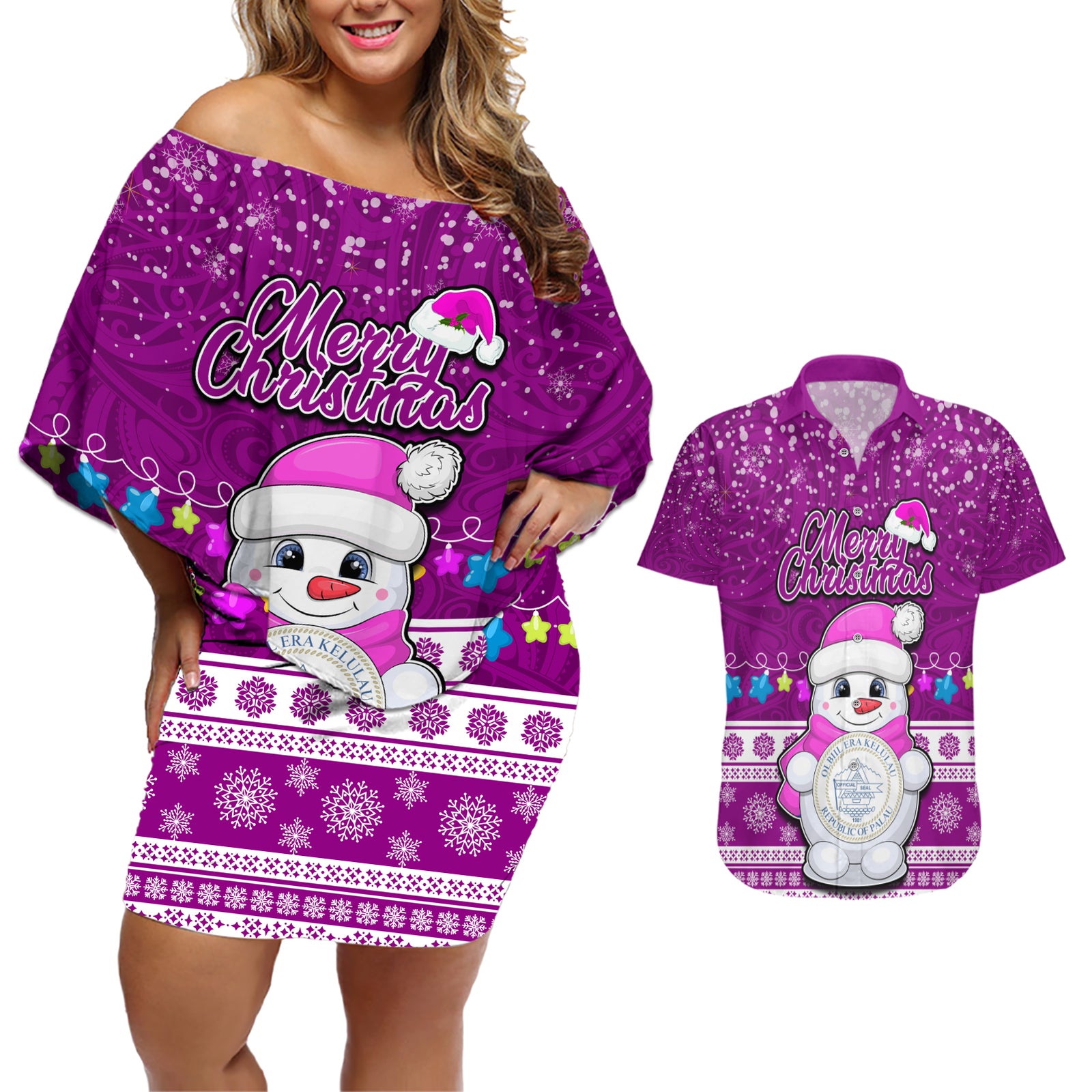 Personalised Palau Christmas Couples Matching Off Shoulder Short Dress and Hawaiian Shirt Snowman Hugs Palau Coat of Arms Maori Pattern Pink Style LT03 Pink - Polynesian Pride