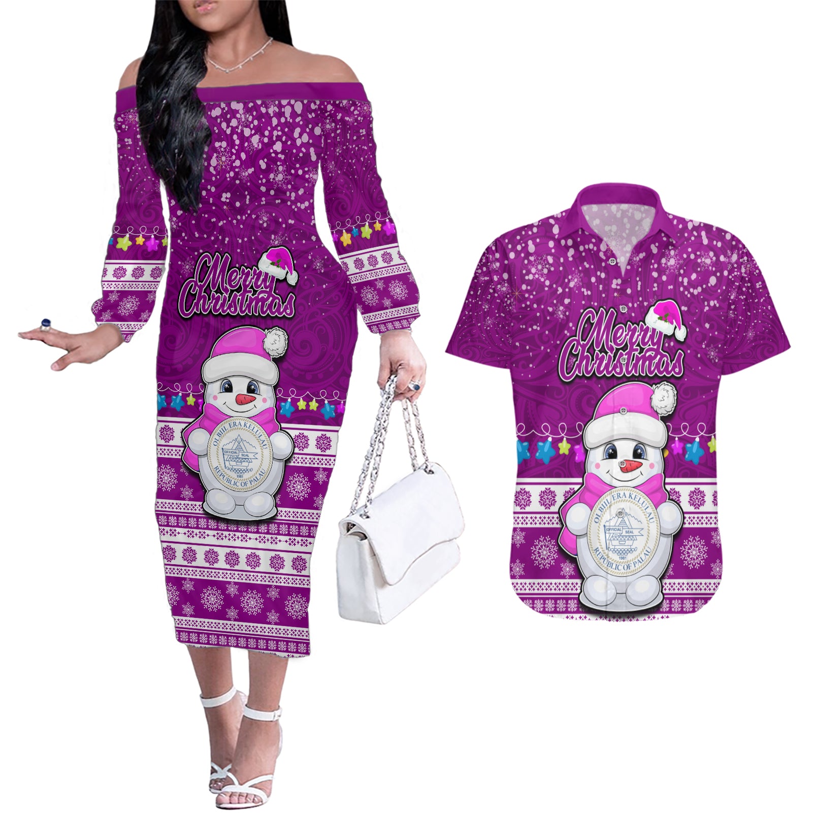 Personalised Palau Christmas Couples Matching Off The Shoulder Long Sleeve Dress and Hawaiian Shirt Snowman Hugs Palau Coat of Arms Maori Pattern Pink Style LT03 Pink - Polynesian Pride