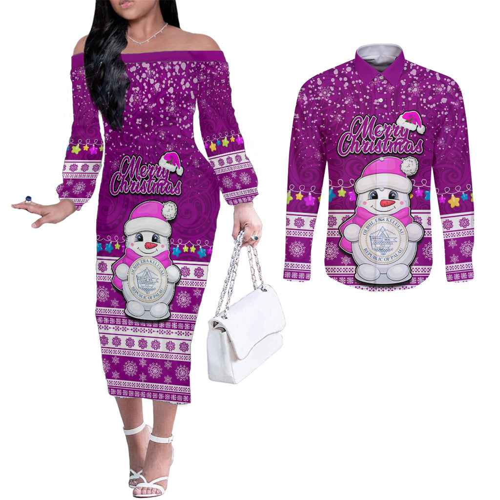 Personalised Palau Christmas Couples Matching Off The Shoulder Long Sleeve Dress and Long Sleeve Button Shirt Snowman Hugs Palau Coat of Arms Maori Pattern Pink Style LT03 Pink - Polynesian Pride