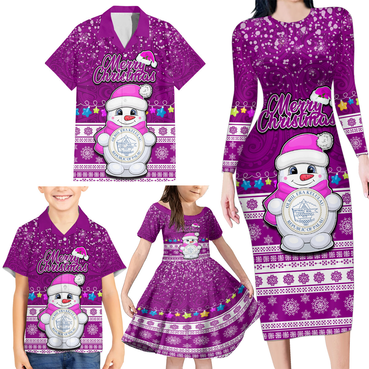 Personalised Palau Christmas Family Matching Long Sleeve Bodycon Dress and Hawaiian Shirt Snowman Hugs Palau Coat of Arms Maori Pattern Pink Style LT03 - Polynesian Pride