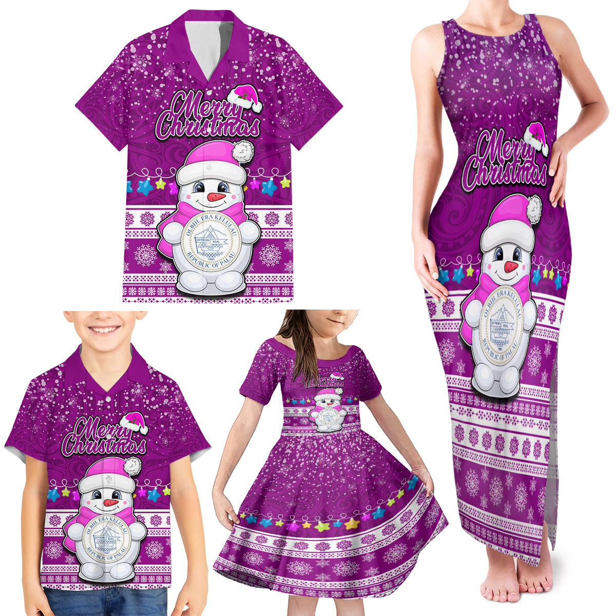 Personalised Palau Christmas Family Matching Tank Maxi Dress and Hawaiian Shirt Snowman Hugs Palau Coat of Arms Maori Pattern Pink Style LT03 - Polynesian Pride