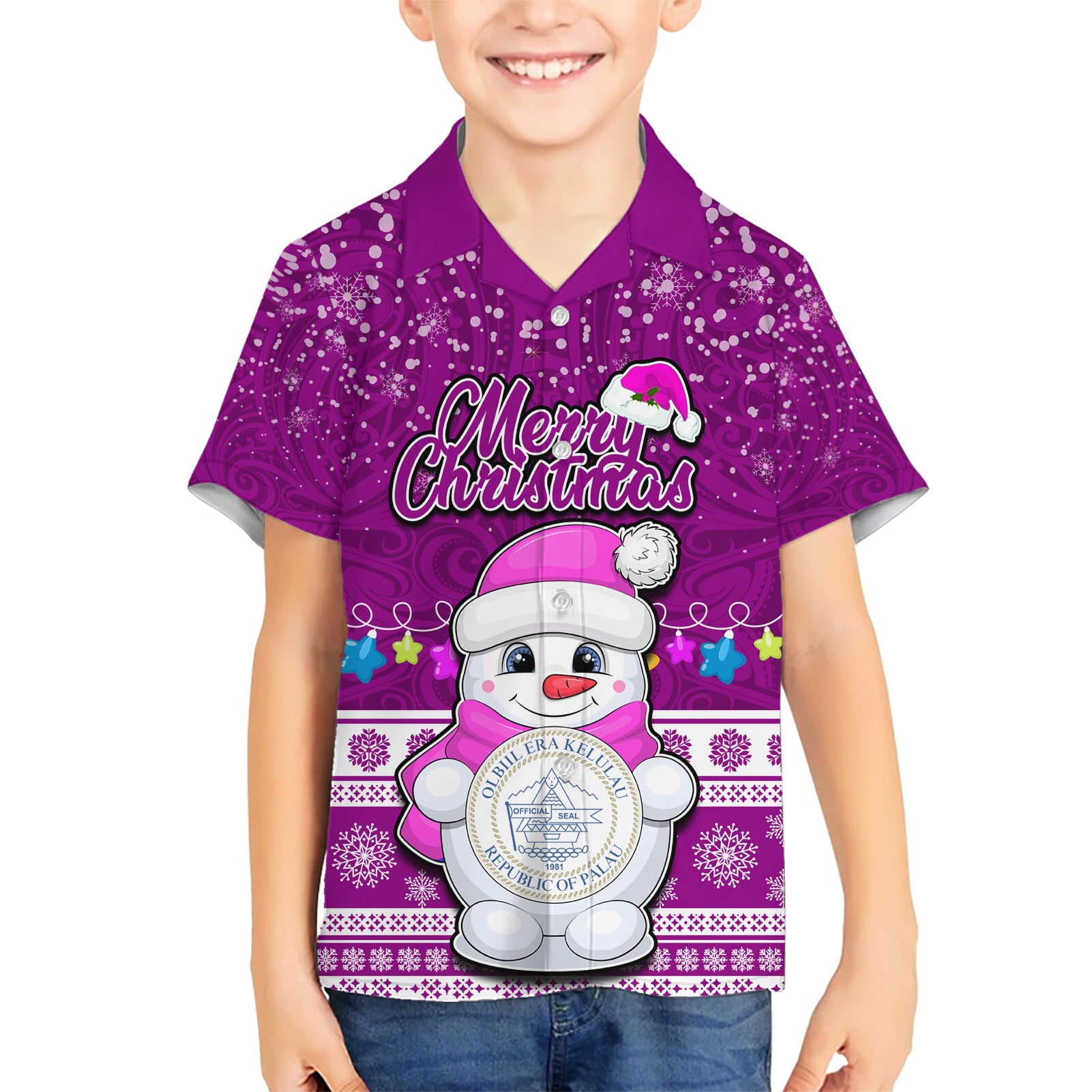 Personalised Palau Christmas Kid Hawaiian Shirt Snowman Hugs Palau Coat of Arms Maori Pattern Pink Style LT03 Kid Pink - Polynesian Pride