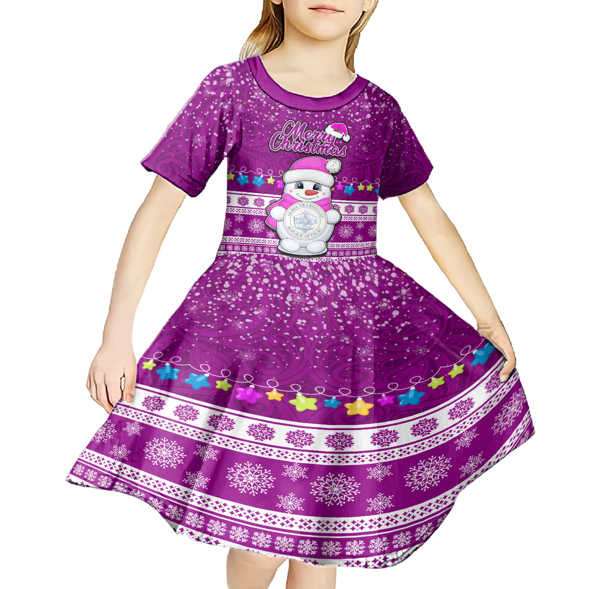 Personalised Palau Christmas Kid Short Sleeve Dress Snowman Hugs Palau Coat of Arms Maori Pattern Pink Style LT03 - Polynesian Pride