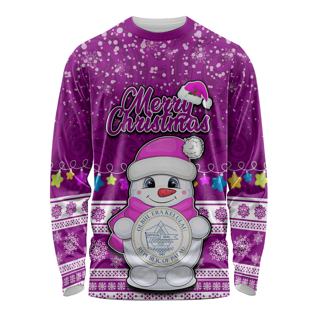 Personalised Palau Christmas Long Sleeve Shirt Snowman Hugs Palau Coat of Arms Maori Pattern Pink Style LT03 Unisex Pink - Polynesian Pride