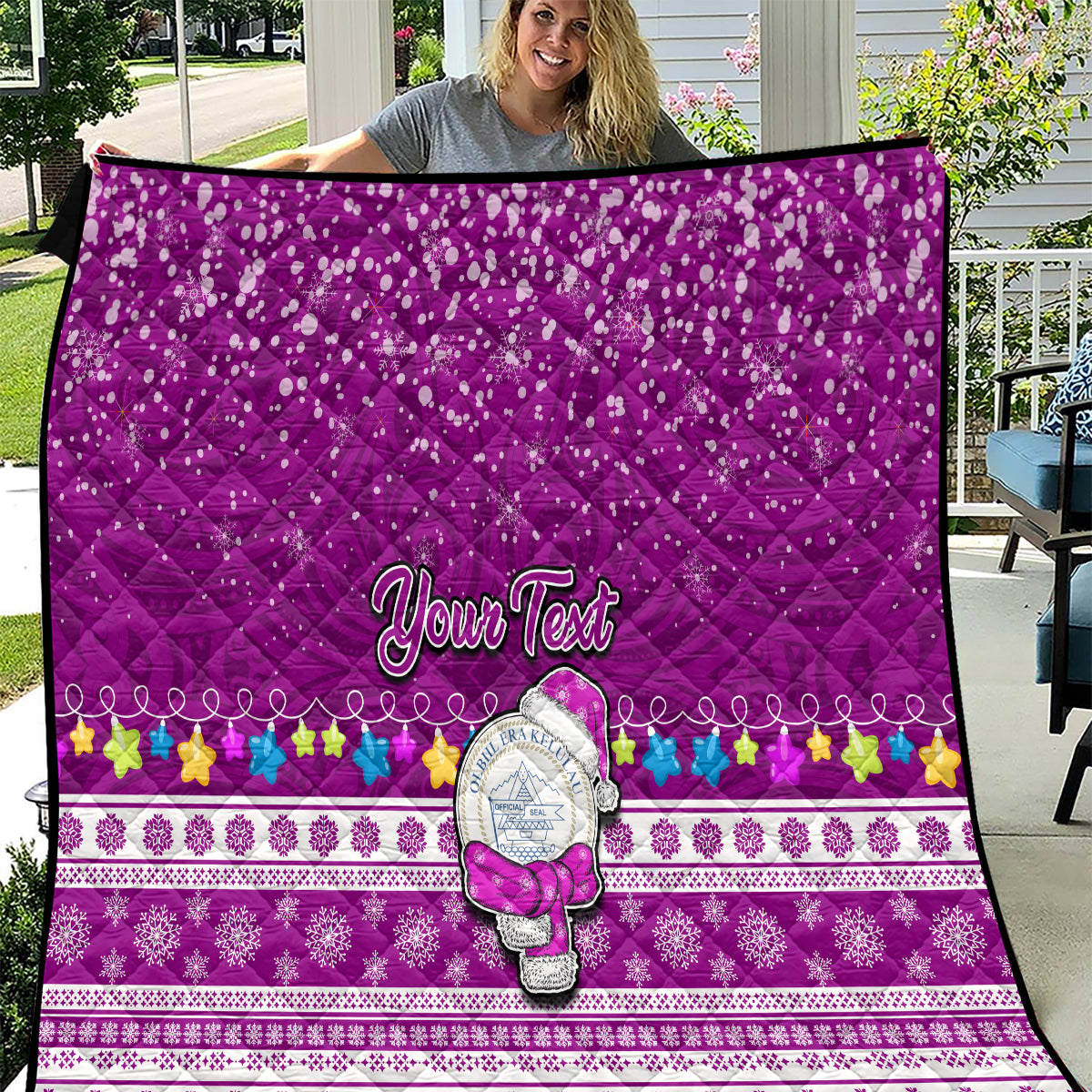 Personalised Palau Christmas Quilt Snowman Hugs Palau Coat of Arms Maori Pattern Pink Style LT03 Pink - Polynesian Pride