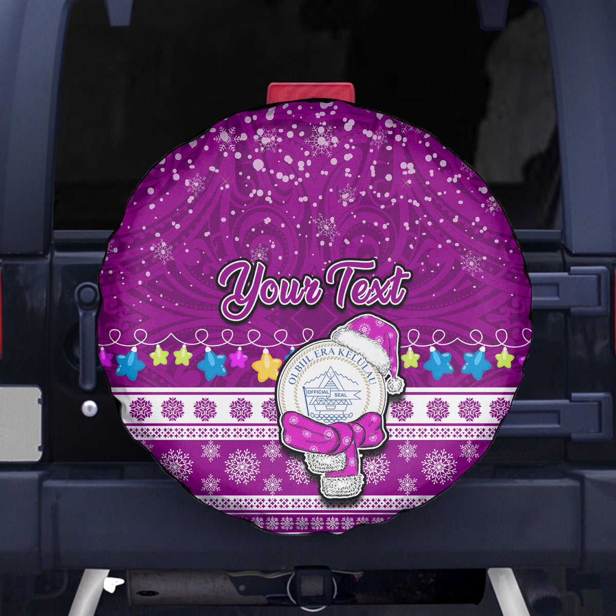Personalised Palau Christmas Spare Tire Cover Snowman Hugs Palau Coat of Arms Maori Pattern Pink Style LT03 Pink - Polynesian Pride