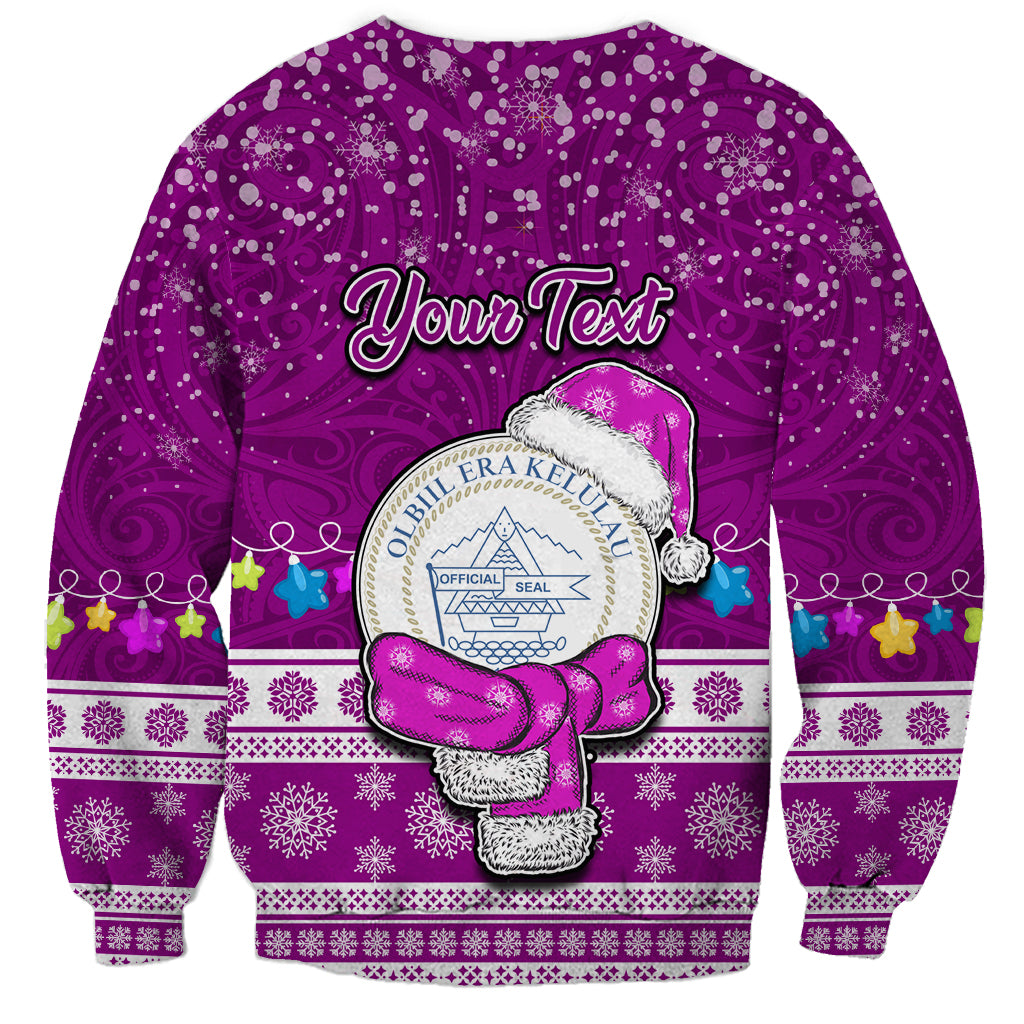 Personalised Palau Christmas Sweatshirt Snowman Hugs Palau Coat of Arms Maori Pattern Pink Style LT03 - Polynesian Pride