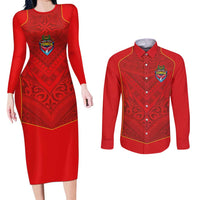 Custom Mate Ma'a Tonga Rugby Couples Matching Long Sleeve Bodycon Dress and Long Sleeve Button Shirt Ngatu Tribal Motifs Sporty Style - Polynesian Pride