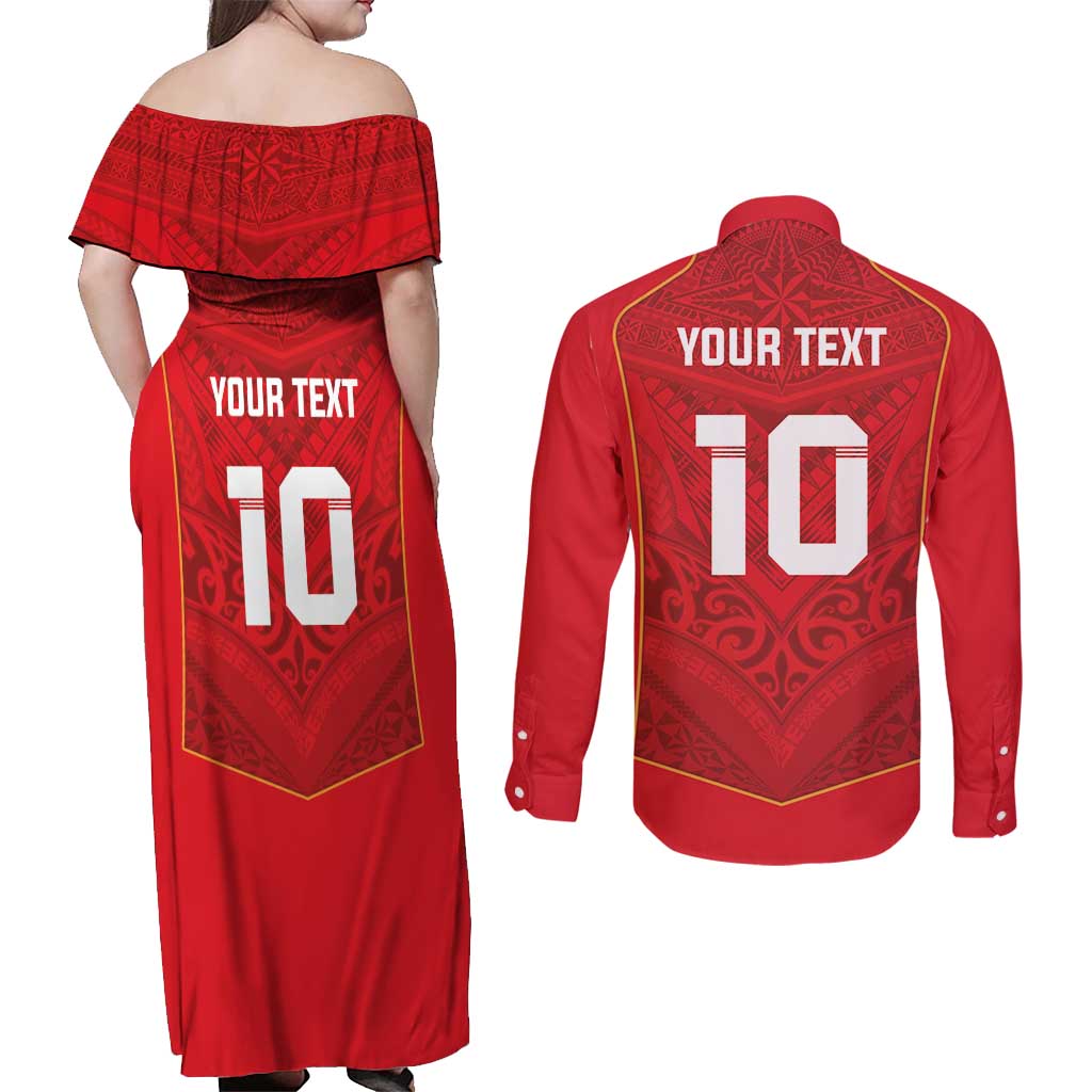 Custom Mate Ma'a Tonga Rugby Couples Matching Off Shoulder Maxi Dress and Long Sleeve Button Shirt Ngatu Tribal Motifs Sporty Style - Polynesian Pride