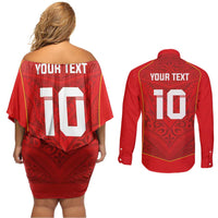 Custom Mate Ma'a Tonga Rugby Couples Matching Off Shoulder Short Dress and Long Sleeve Button Shirt Ngatu Tribal Motifs Sporty Style - Polynesian Pride