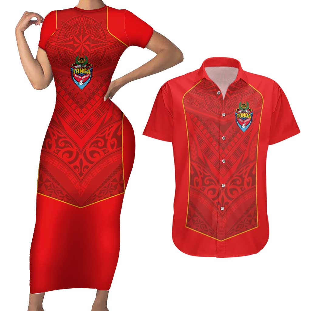 Custom Mate Ma'a Tonga Rugby Couples Matching Short Sleeve Bodycon Dress and Hawaiian Shirt Ngatu Tribal Motifs Sporty Style - Polynesian Pride