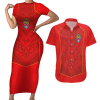 Custom Mate Ma'a Tonga Rugby Couples Matching Short Sleeve Bodycon Dress and Hawaiian Shirt Ngatu Tribal Motifs Sporty Style - Polynesian Pride