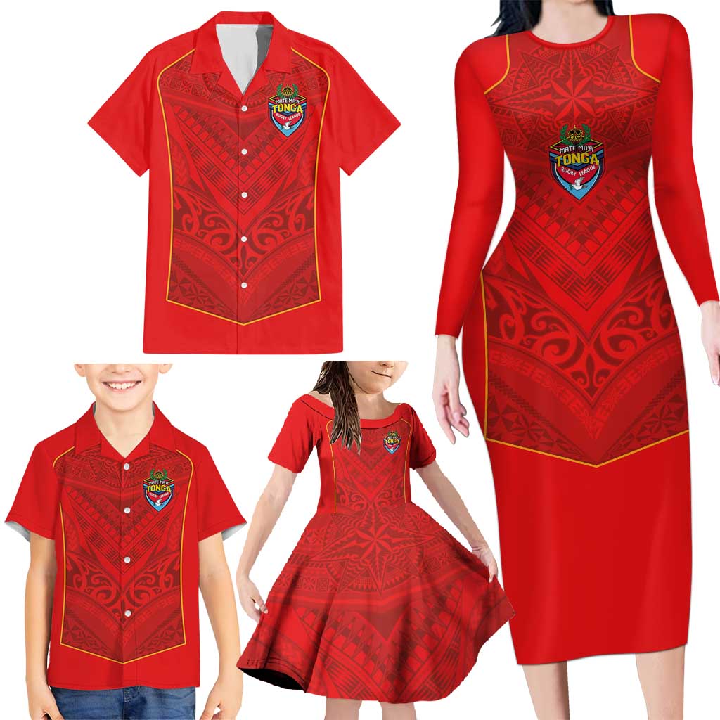 Custom Mate Ma'a Tonga Rugby Family Matching Long Sleeve Bodycon Dress and Hawaiian Shirt Ngatu Tribal Motifs Sporty Style - Polynesian Pride