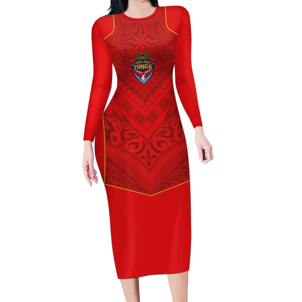 Custom Mate Ma'a Tonga Rugby Family Matching Long Sleeve Bodycon Dress and Hawaiian Shirt Ngatu Tribal Motifs Sporty Style - Polynesian Pride