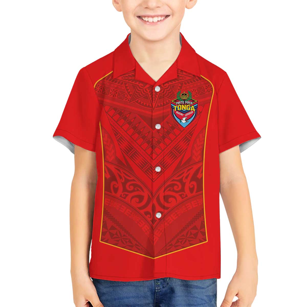 Custom Mate Ma'a Tonga Rugby Family Matching Off The Shoulder Long Sleeve Dress and Hawaiian Shirt Ngatu Tribal Motifs Sporty Style - Polynesian Pride