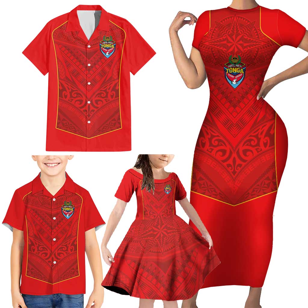 Custom Mate Ma'a Tonga Rugby Family Matching Short Sleeve Bodycon Dress and Hawaiian Shirt Ngatu Tribal Motifs Sporty Style - Polynesian Pride