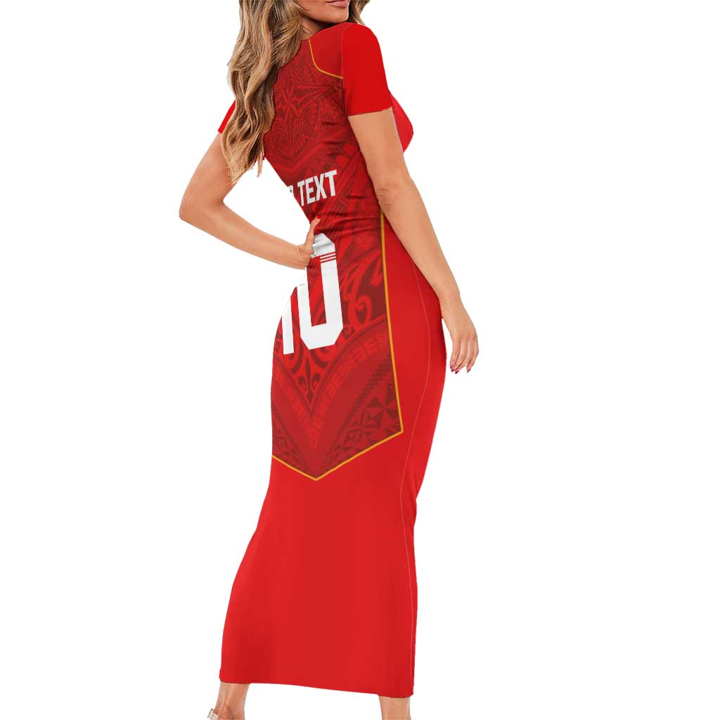 Custom Mate Ma'a Tonga Rugby Family Matching Short Sleeve Bodycon Dress and Hawaiian Shirt Ngatu Tribal Motifs Sporty Style - Polynesian Pride