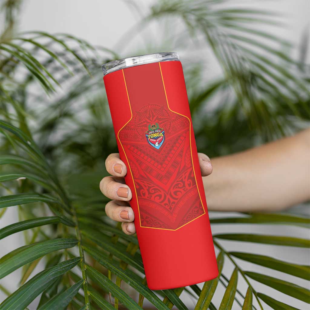 Custom Mate Ma'a Tonga Rugby Skinny Tumbler Ngatu Tribal Motifs Sporty Style - Polynesian Pride