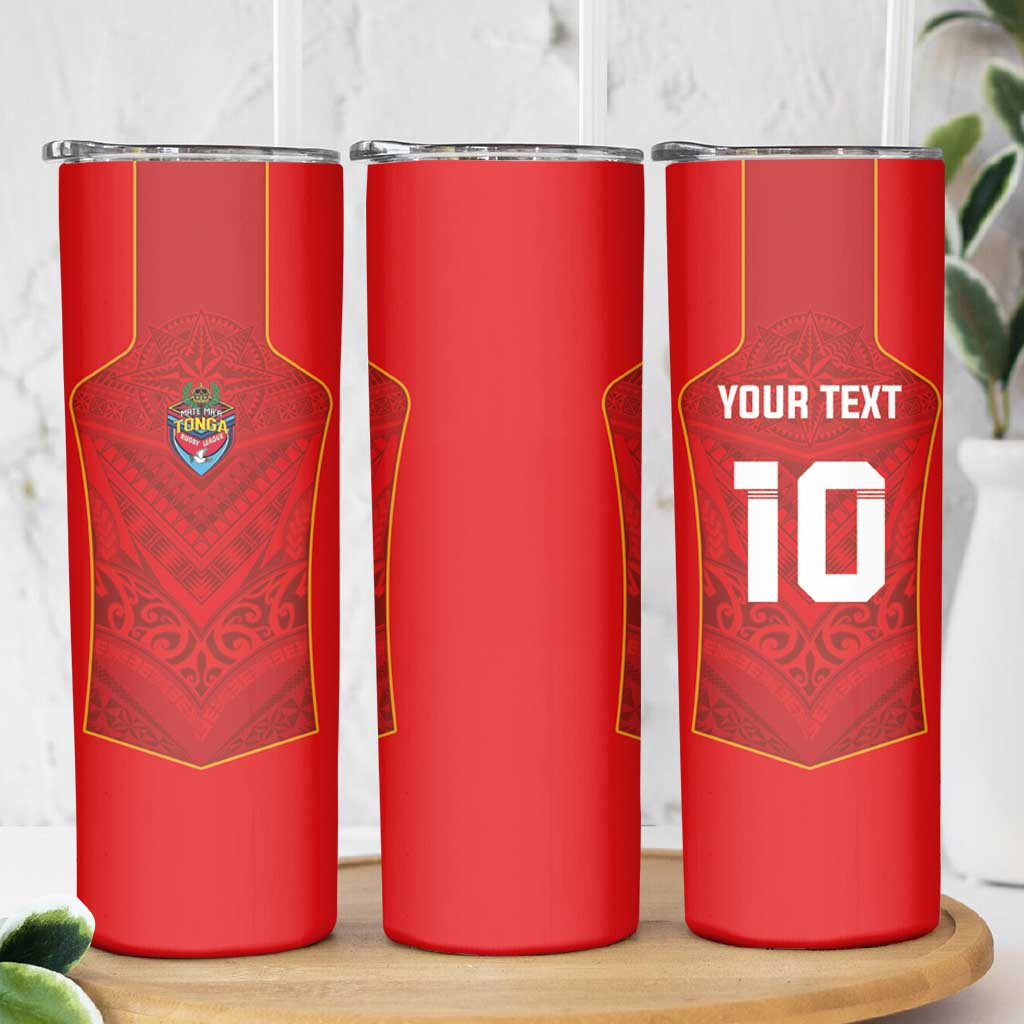 Custom Mate Ma'a Tonga Rugby Skinny Tumbler Ngatu Tribal Motifs Sporty Style - Polynesian Pride