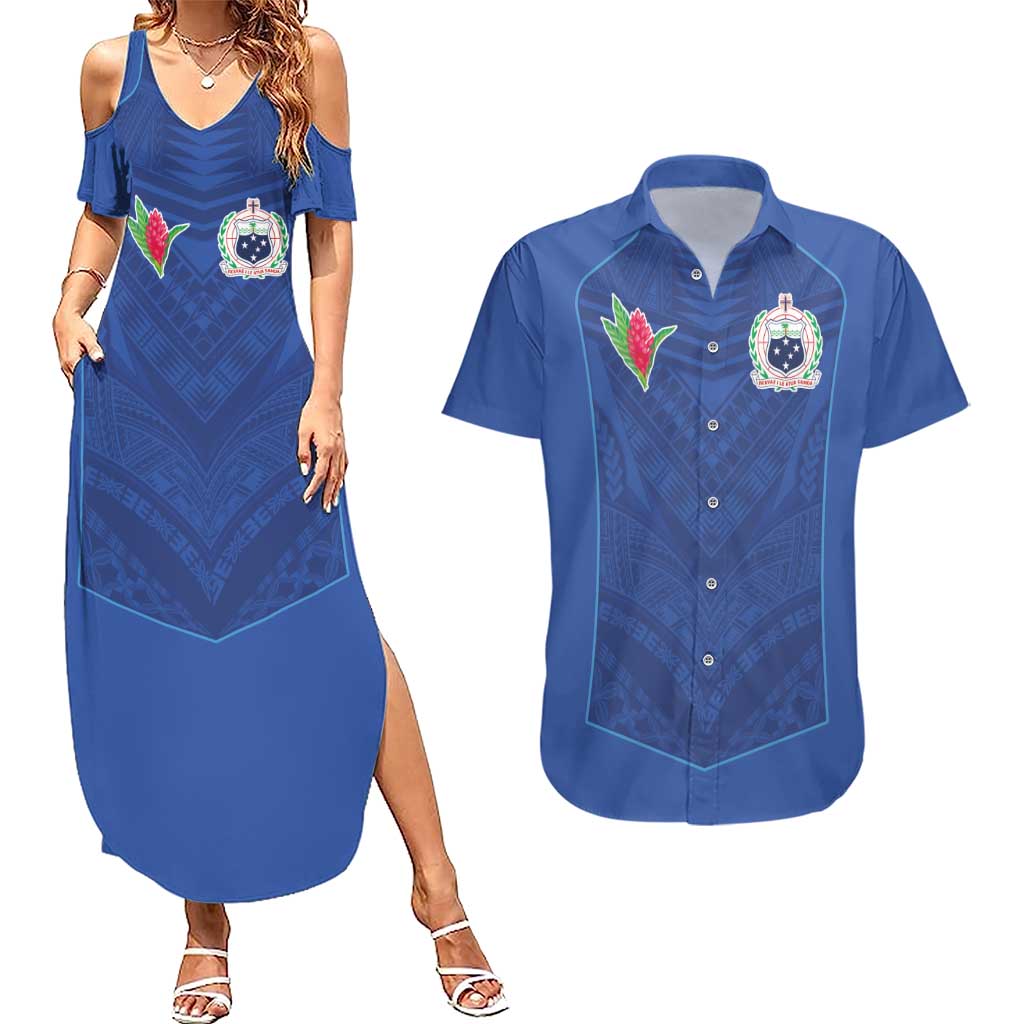 Custom Samoa Rugby Couples Matching Summer Maxi Dress and Hawaiian Shirt Tatau Tribal Motifs Sporty Style - Polynesian Pride