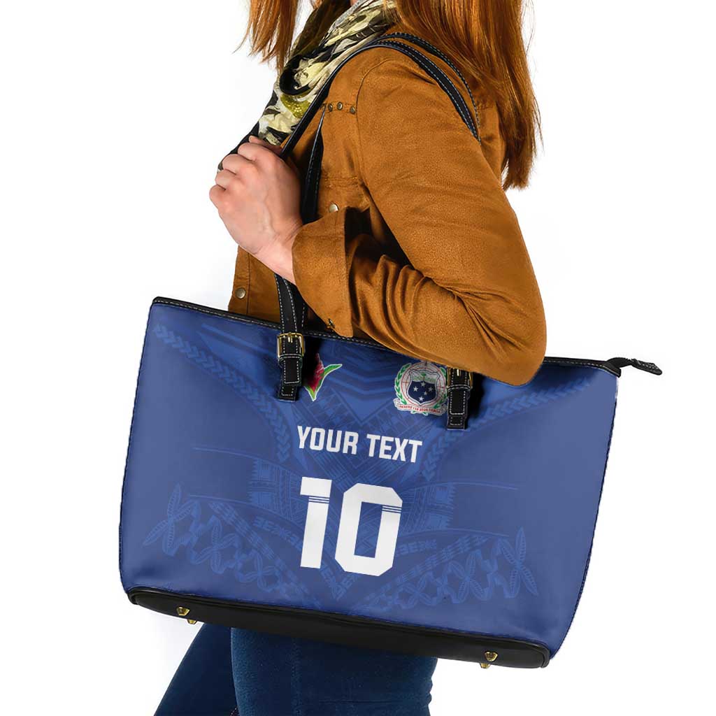Custom Samoa Rugby Leather Tote Bag Tatau Tribal Motifs Sporty Style LT03 Blue - Polynesian Pride