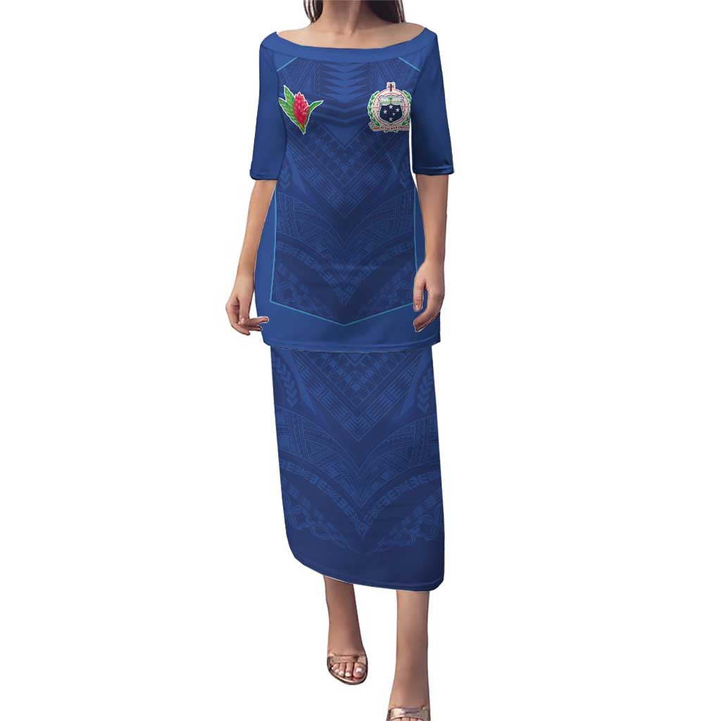 Custom Samoa Rugby Puletasi Tatau Tribal Motifs Sporty Style LT03 Long Dress Blue - Polynesian Pride