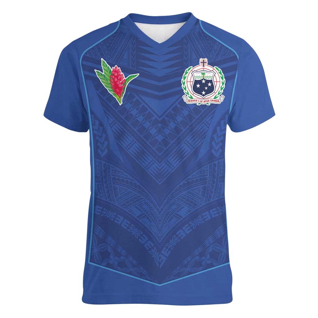 Custom Samoa Rugby Women V-Neck T-Shirt Tatau Tribal Motifs Sporty Style - Polynesian Pride