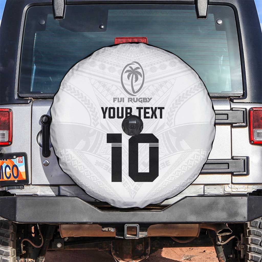 Custom Fiji Rugby Spare Tire Cover Tapa Tribal Motifs Sporty Style LT03 White - Polynesian Pride