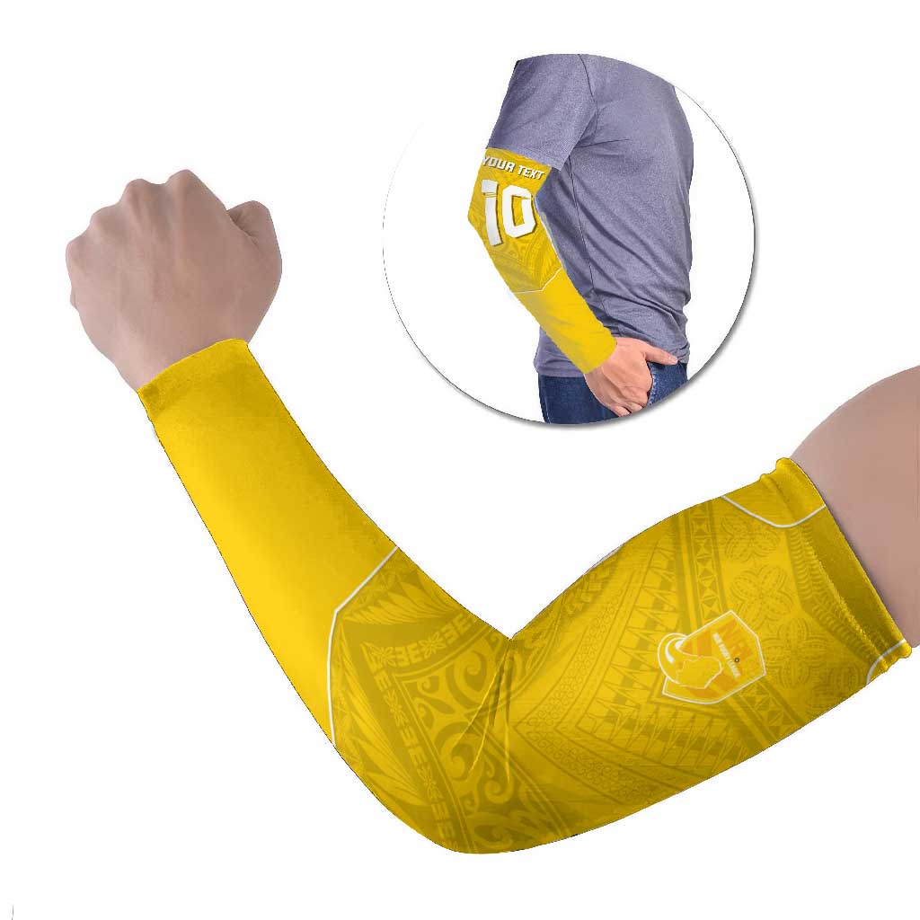 Custom Niue Rugby Arm Sleeves Hiapo Tribal Motifs Sporty Style - Polynesian Pride
