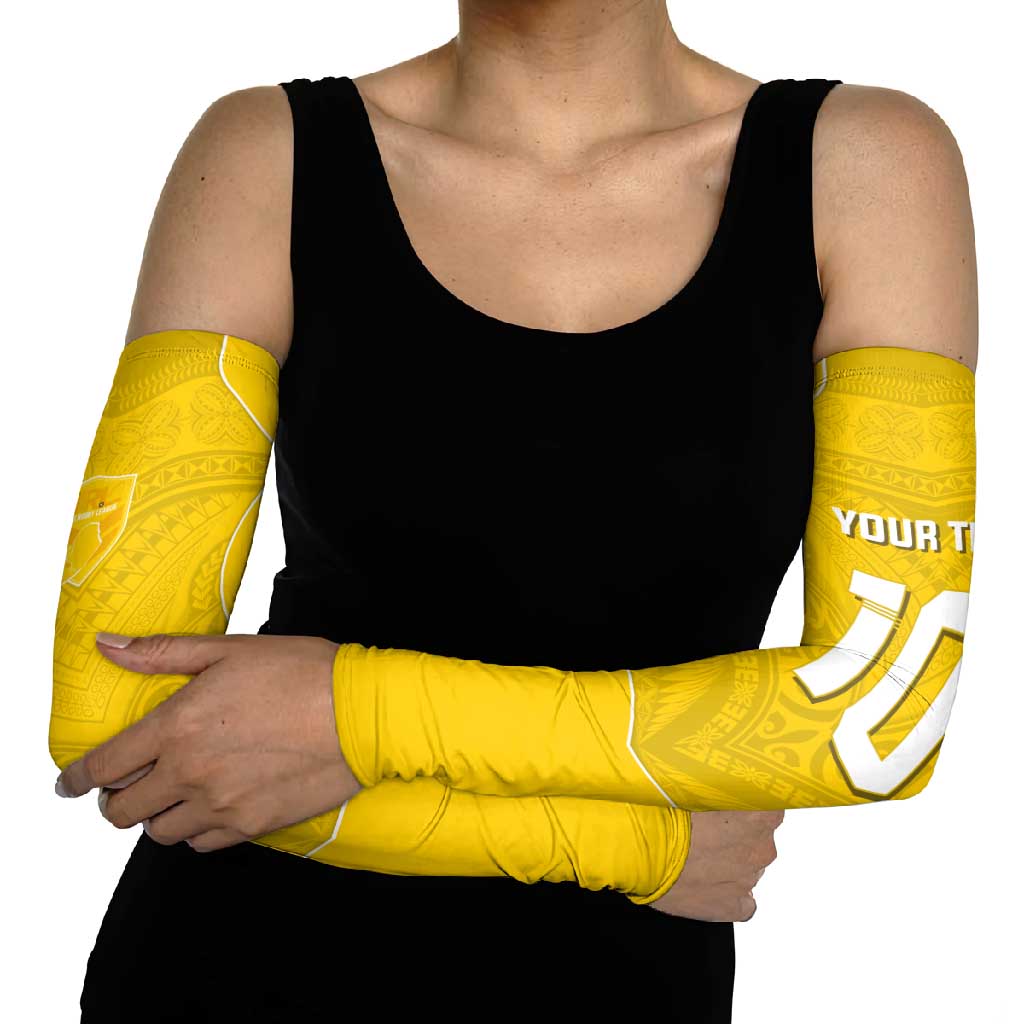 Custom Niue Rugby Arm Sleeves Hiapo Tribal Motifs Sporty Style - Polynesian Pride