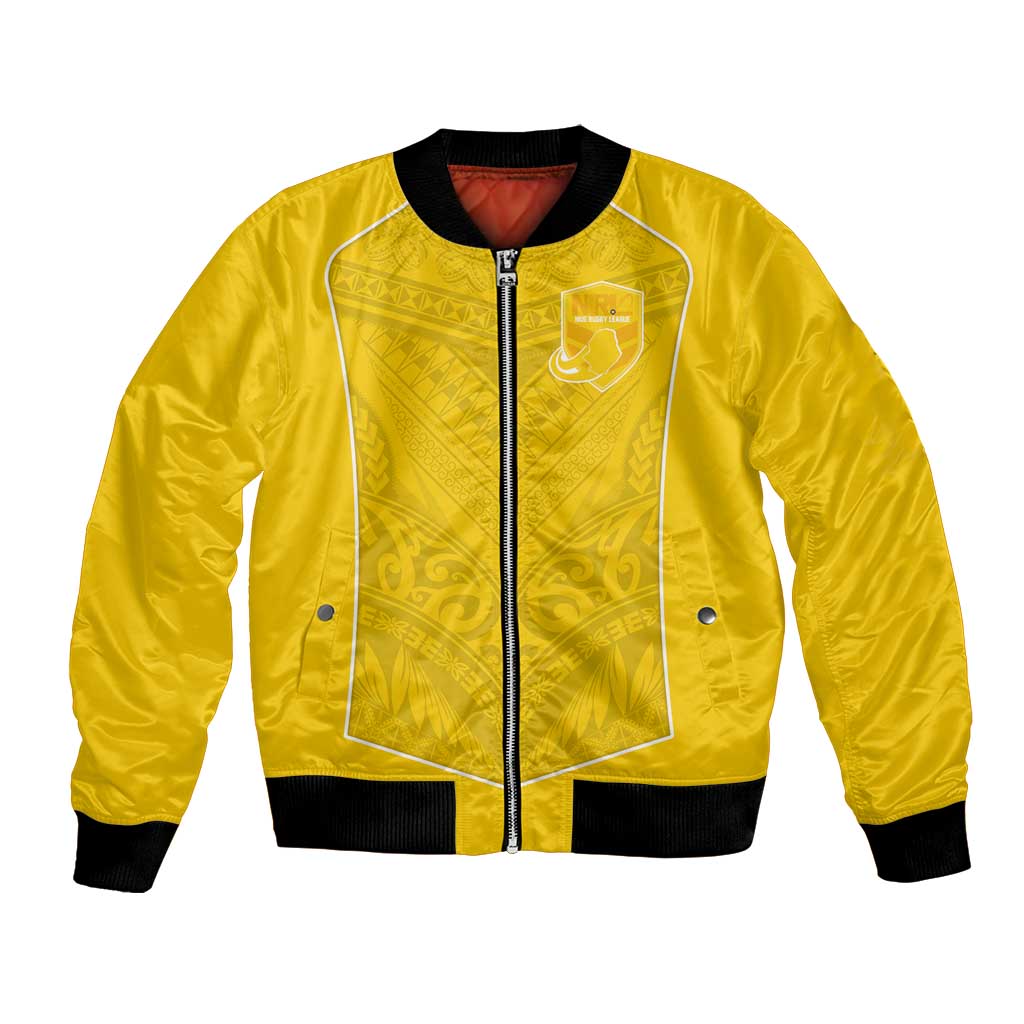 Custom Niue Rugby Bomber Jacket Hiapo Tribal Motifs Sporty Style - Polynesian Pride