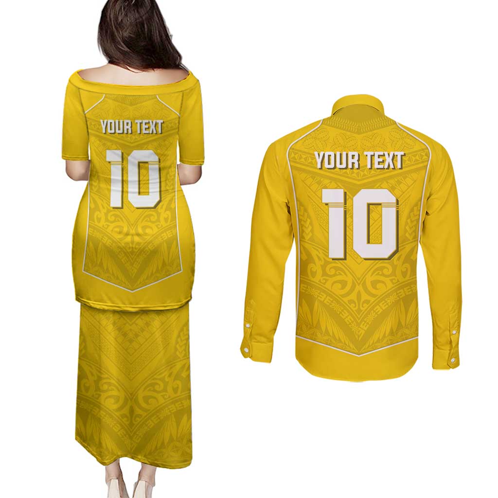 Custom Niue Rugby Couples Matching Puletasi and Long Sleeve Button Shirt Hiapo Tribal Motifs Sporty Style - Polynesian Pride