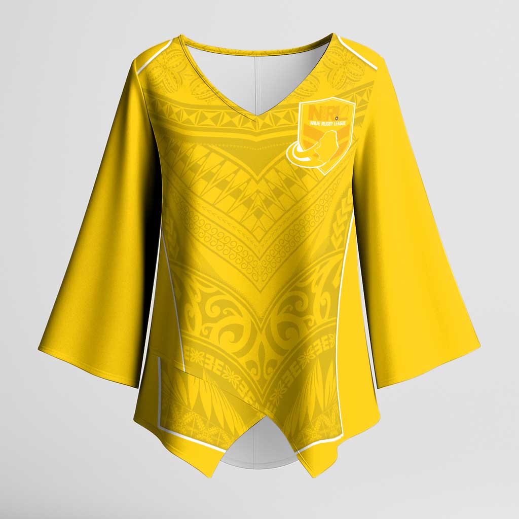 Custom Niue Rugby Kimono Sleeve Blouse Hiapo Tribal Motifs Sporty Style - Polynesian Pride