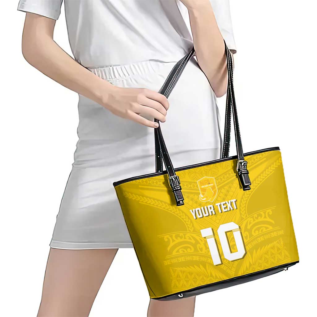 Custom Niue Rugby Leather Tote Bag Hiapo Tribal Motifs Sporty Style - Polynesian Pride
